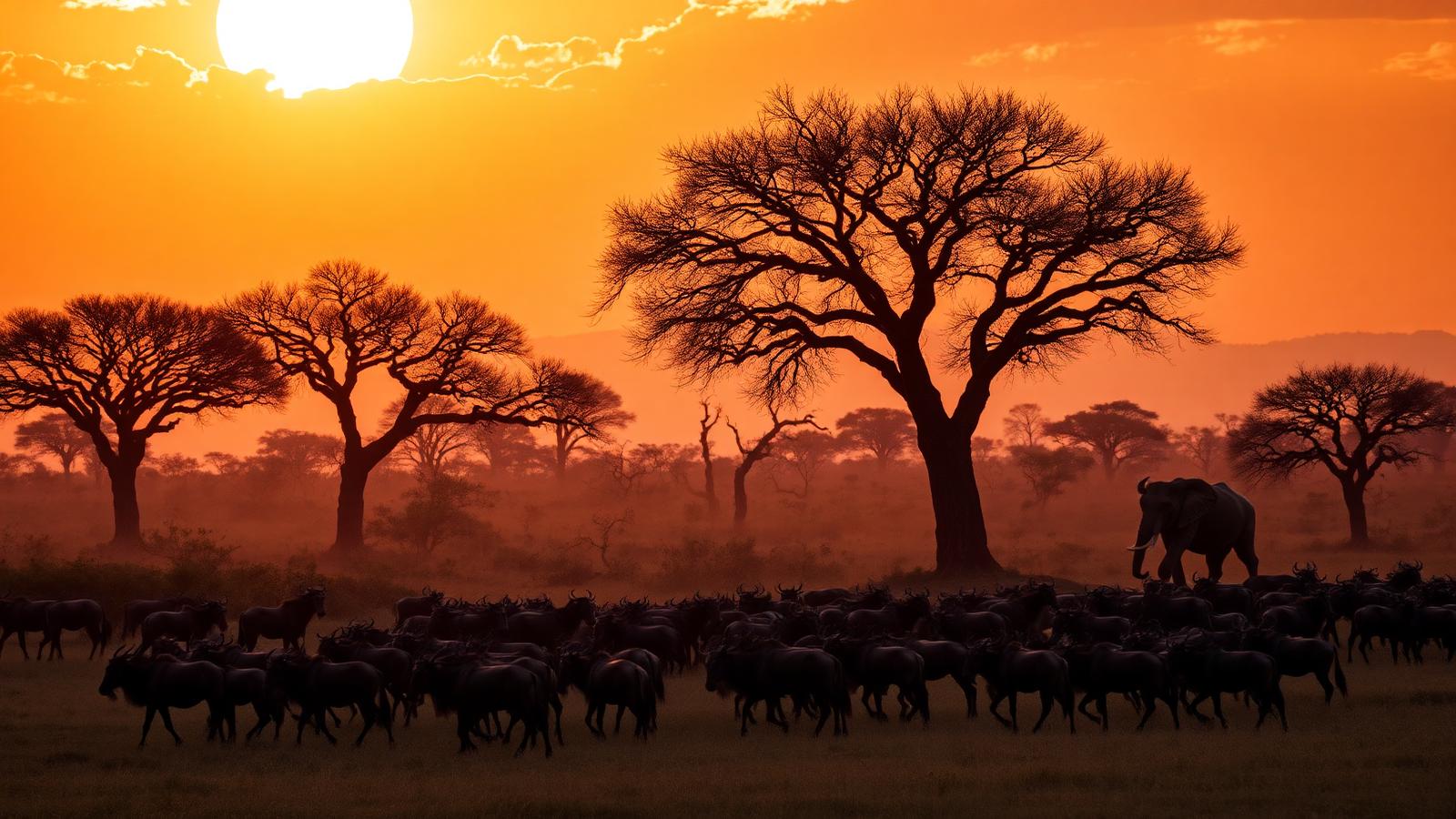 Wildebeest crossing the Mara river at sunrise