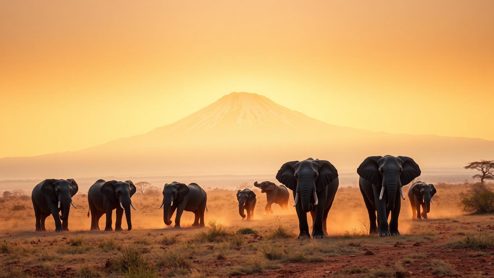 Elephant herd walking past Mount Kilimanjaro in Amboseli