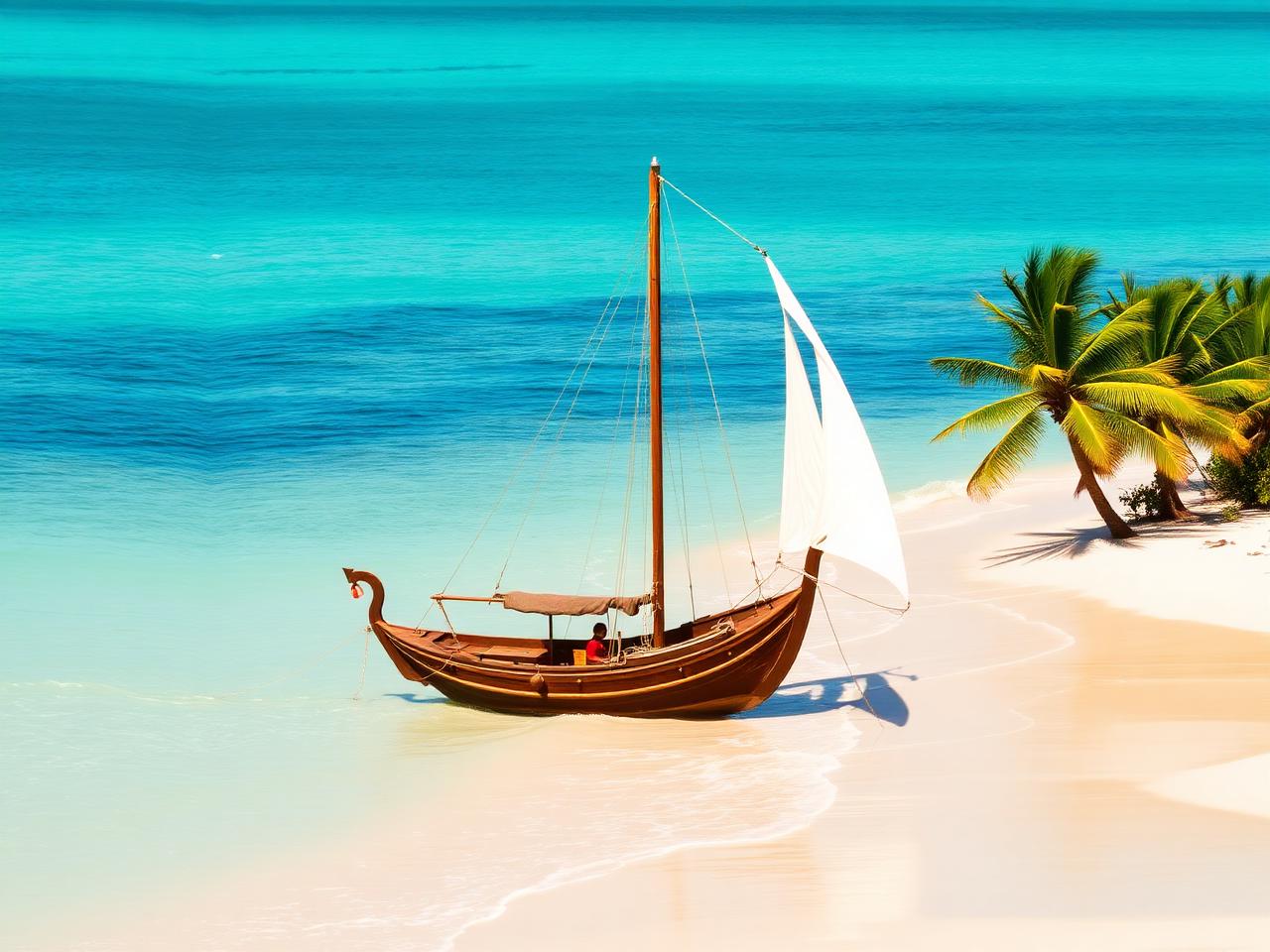 A traditional dhow on the white sand of Diani Beach