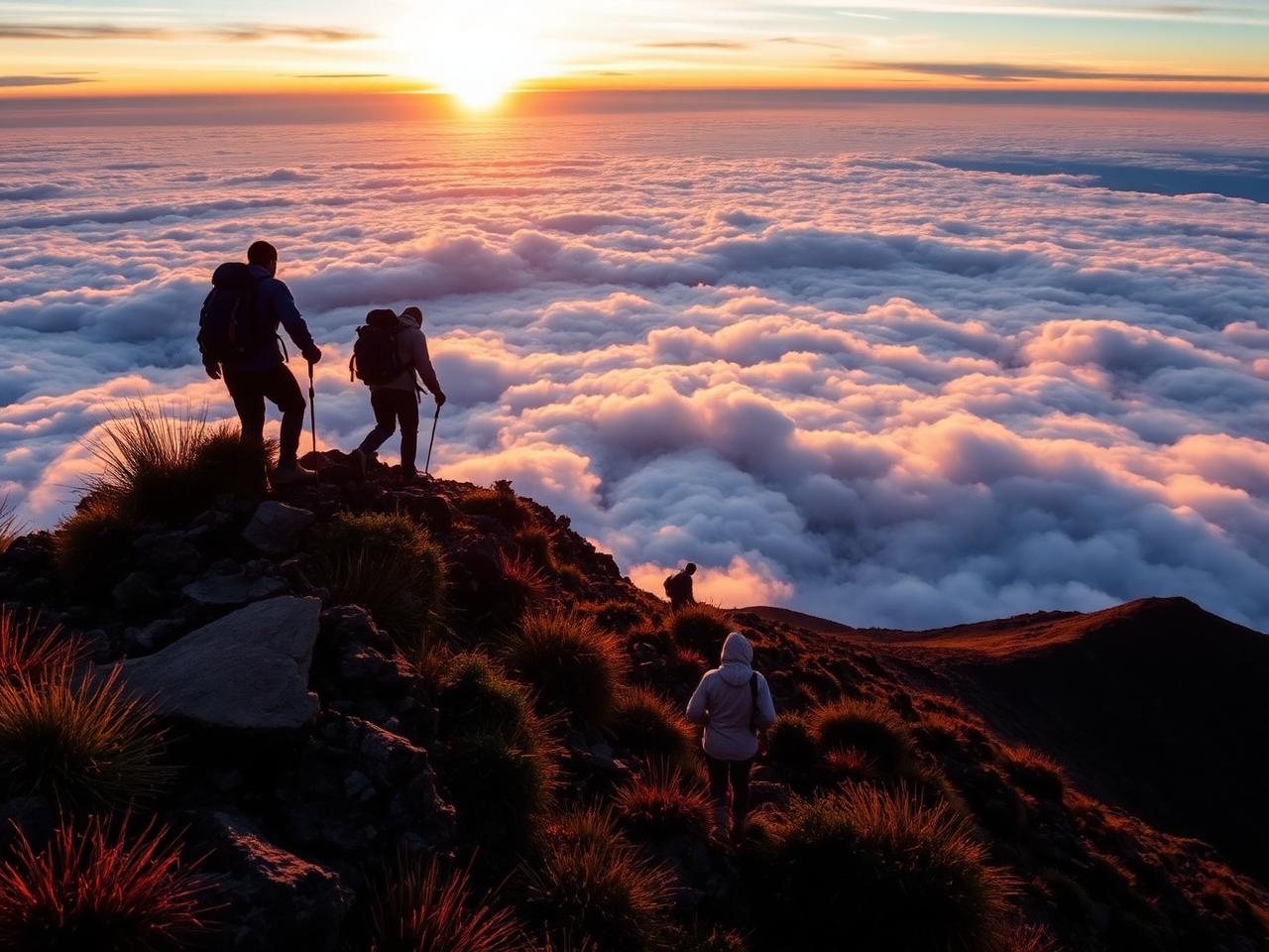 Hikers on a Mt Kenya ridge above the clouds at sunrise