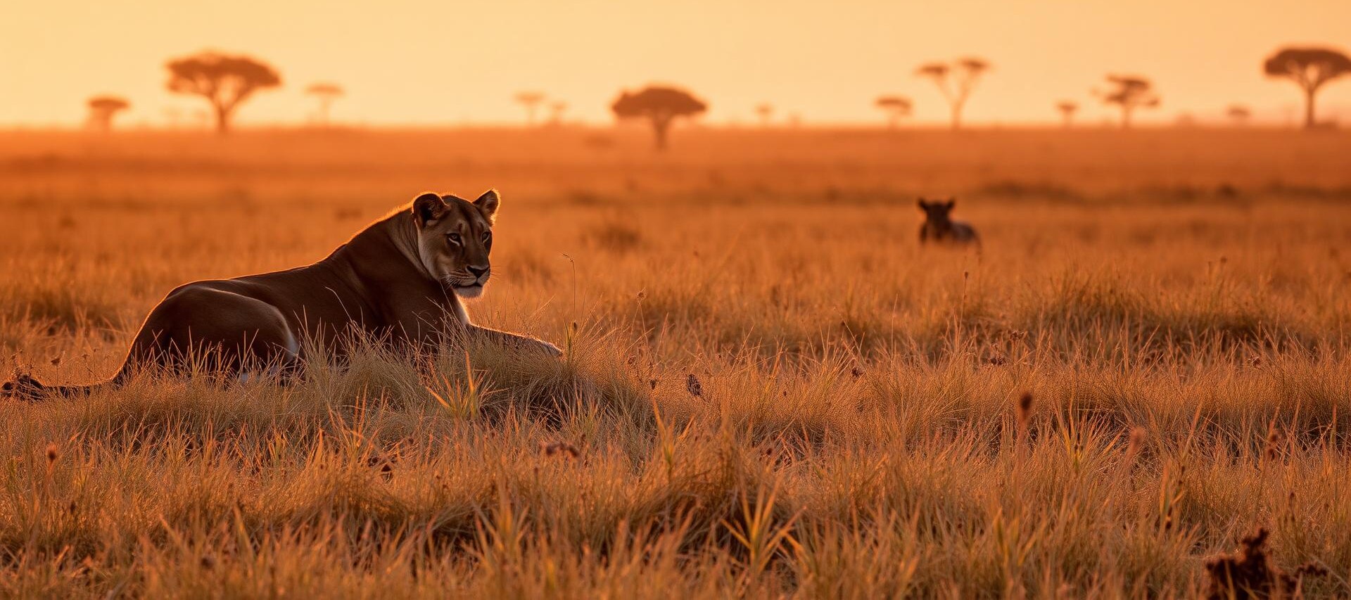 A lioness on the golden plains of the Maasai Mara at sunset